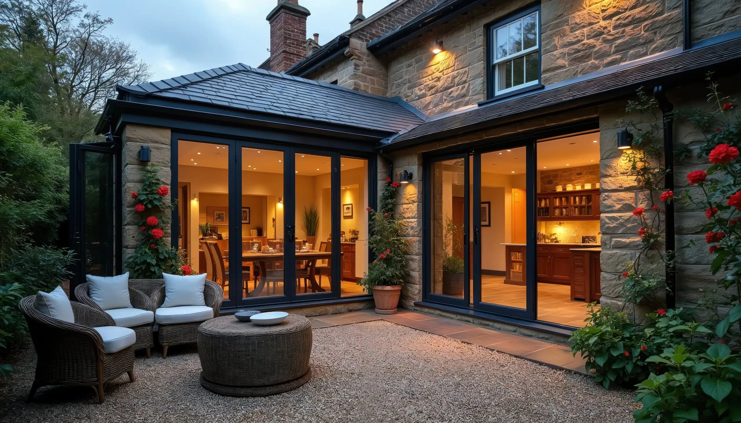 Stone house with a glazed rear extension lit up at dusk