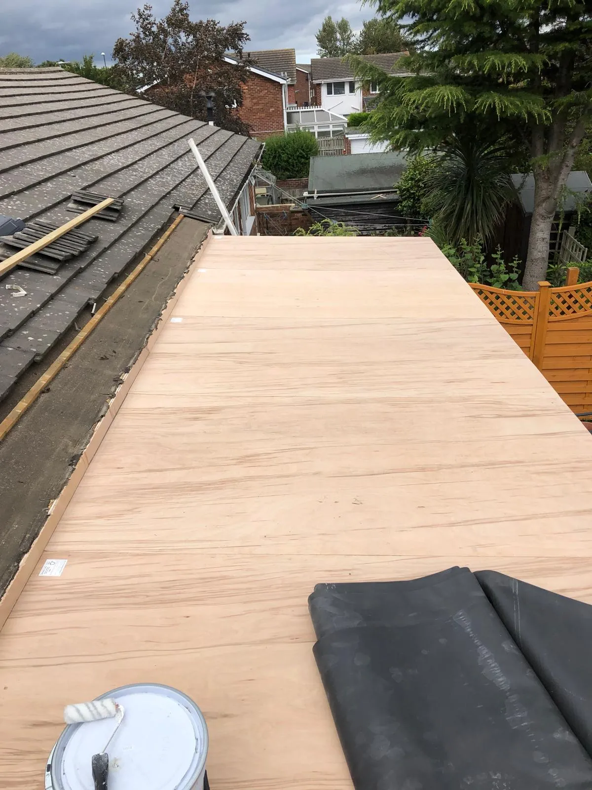 New timber deck on a flat roof with the membrane ready to lay