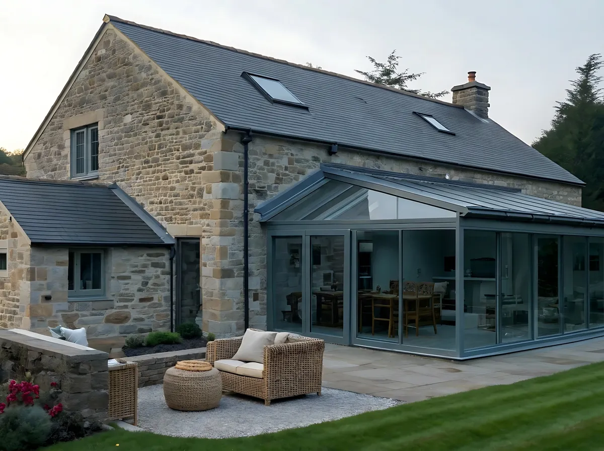 Stone cottage with a glazed garden room extension looking out over the lawn